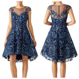 Marchesa Notte Navy Illusion Cap Sleeve Dress Size 2